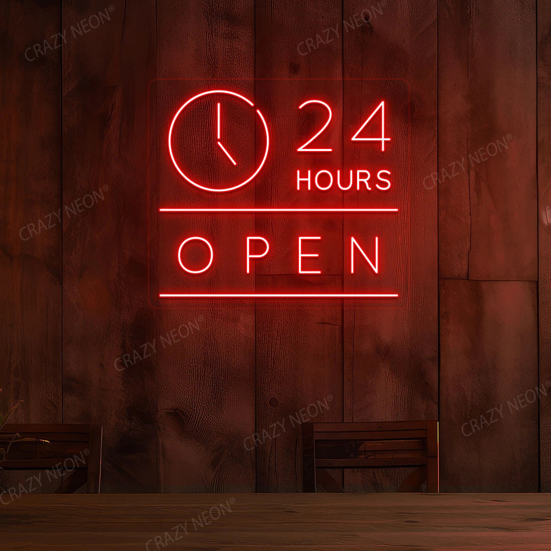24 Hours Open LED Neon Sign with Clock