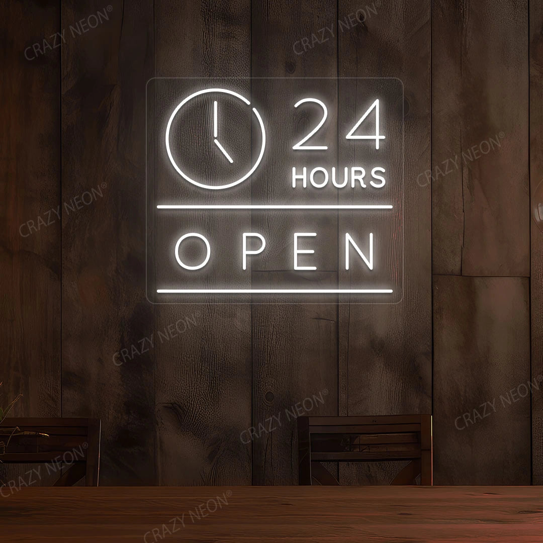 24 Hours Open LED Neon Sign with Clock