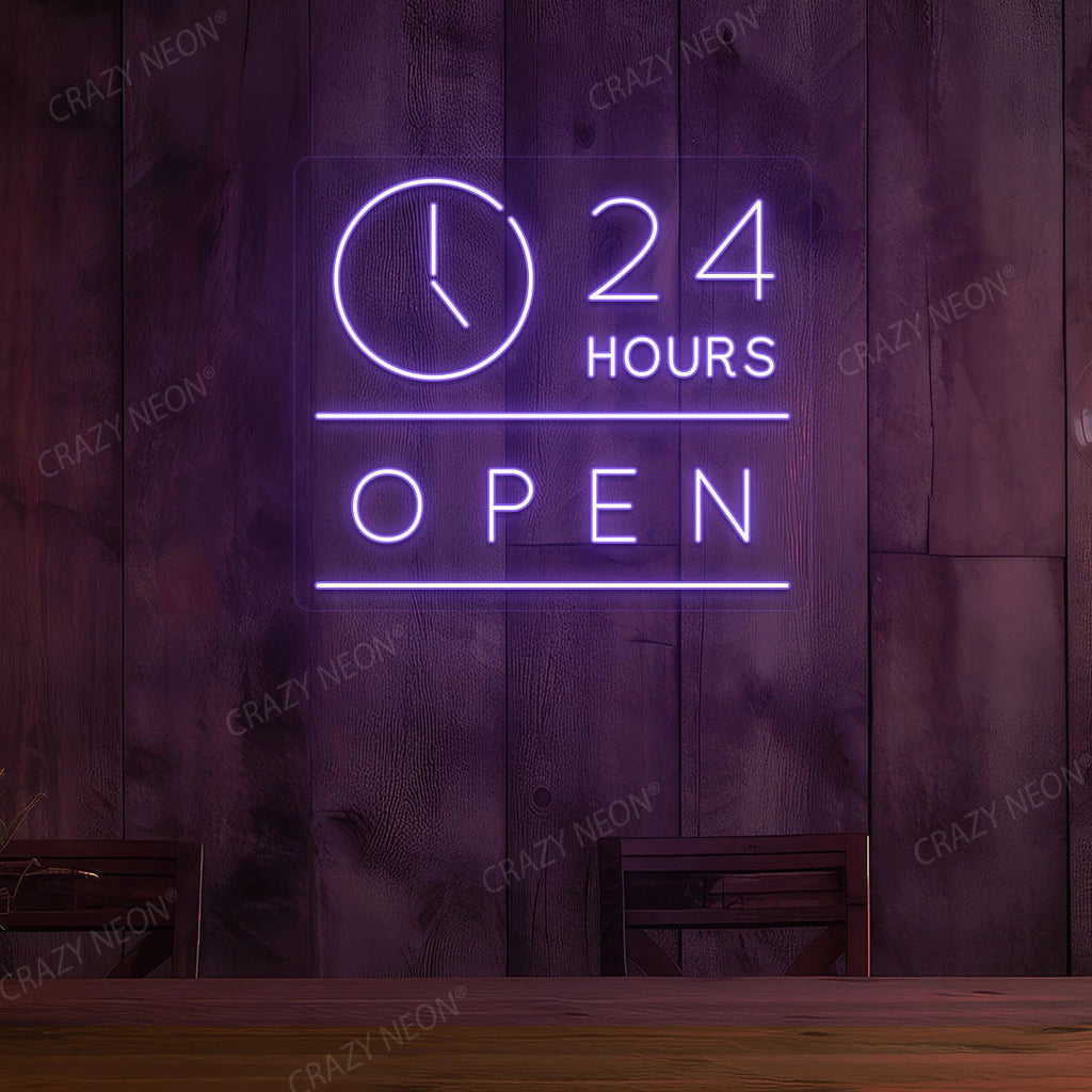 24 Hours Open LED Neon Sign with Clock