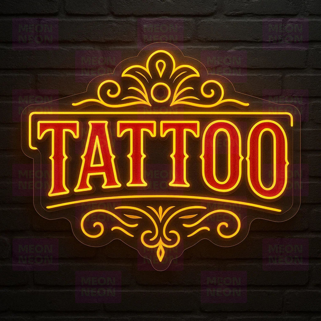Classic Ornate TATTOO LED Neon Sign - Victorian Style - Decorative Flourishes - Red & Gold Light