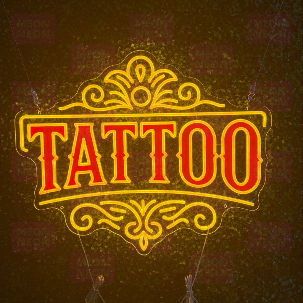 Classic Ornate TATTOO LED Neon Sign - Victorian Style - Decorative Flourishes - Red & Gold Light