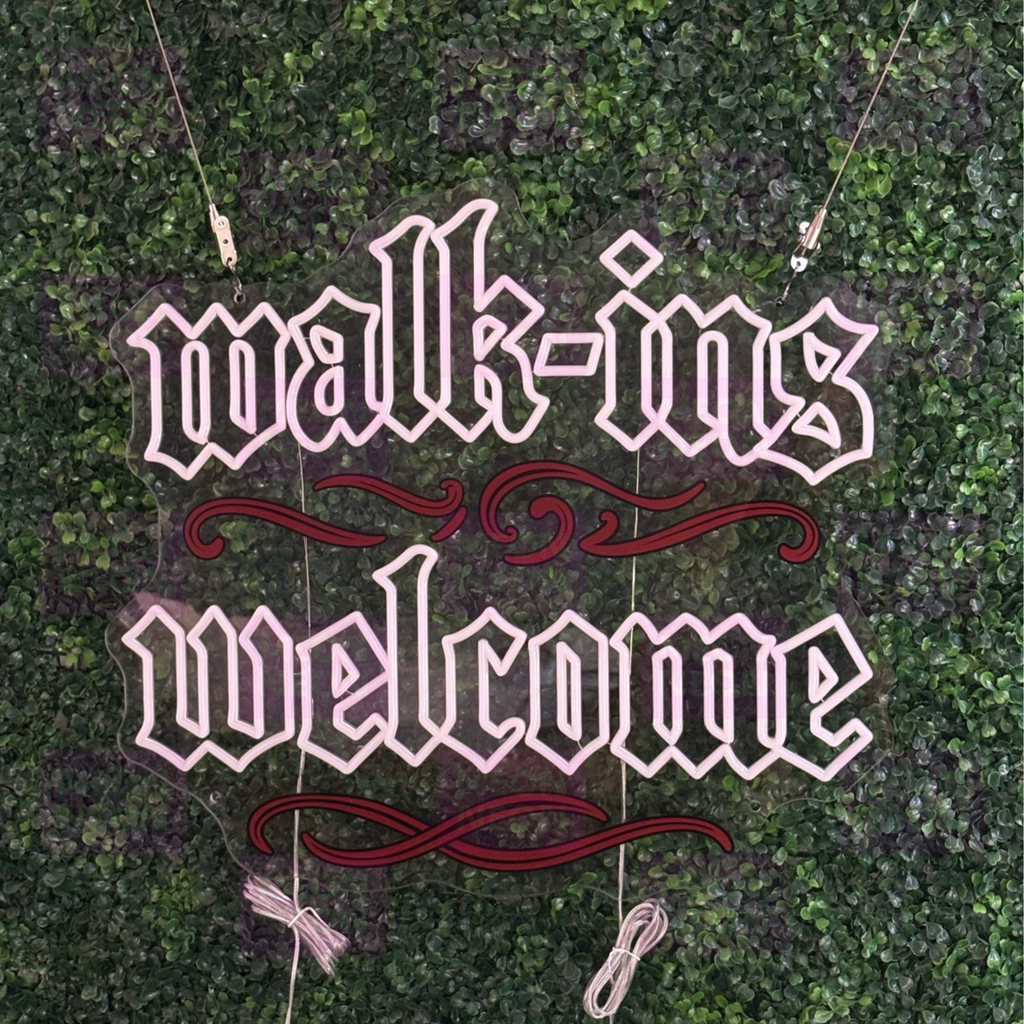 Gothic Walk-Ins Welcome LED Neon Sign - Old English Font - Traditional Style - Warm Golden Light