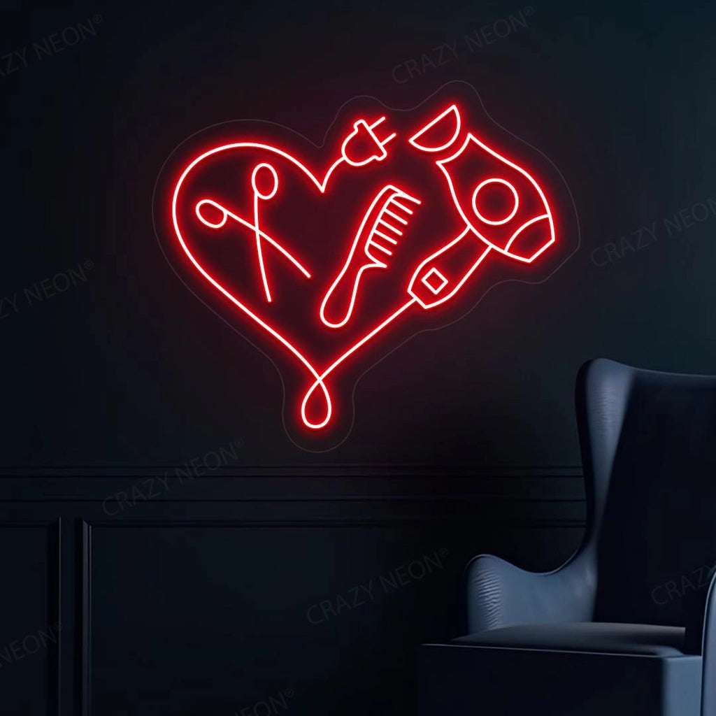 Hair Dryer Combs Clippers Heart Neon Sign