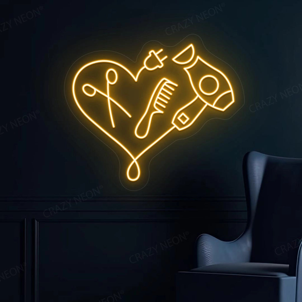 Hair Dryer Combs Clippers Heart Neon Sign