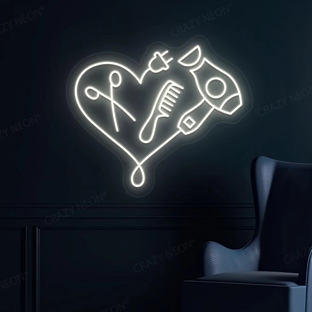 Hair Dryer Combs Clippers Heart Neon Sign
