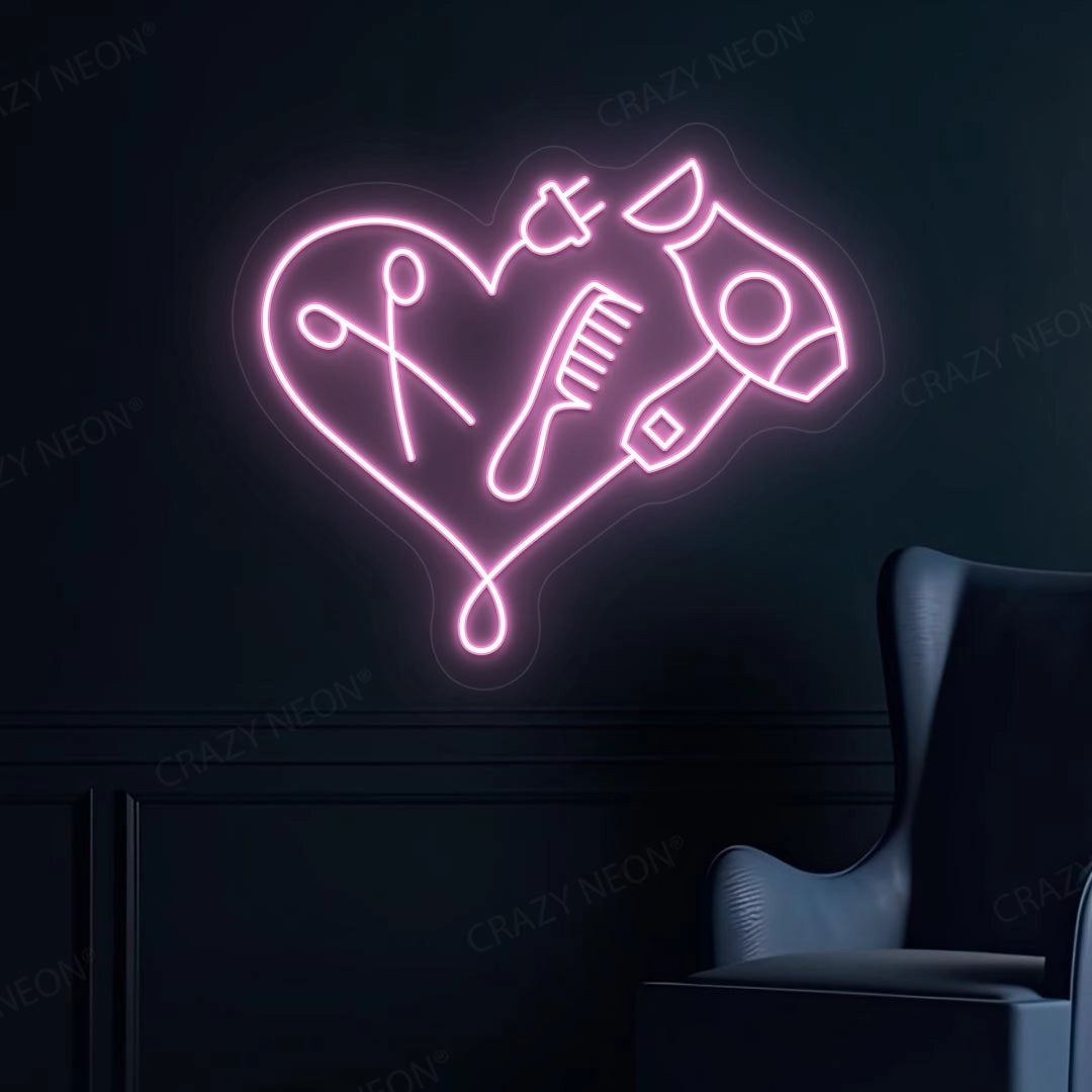 Hair Dryer Combs Clippers Heart Neon Sign