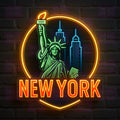 New York Skyline with Statue of Liberty Badge Neon Sign