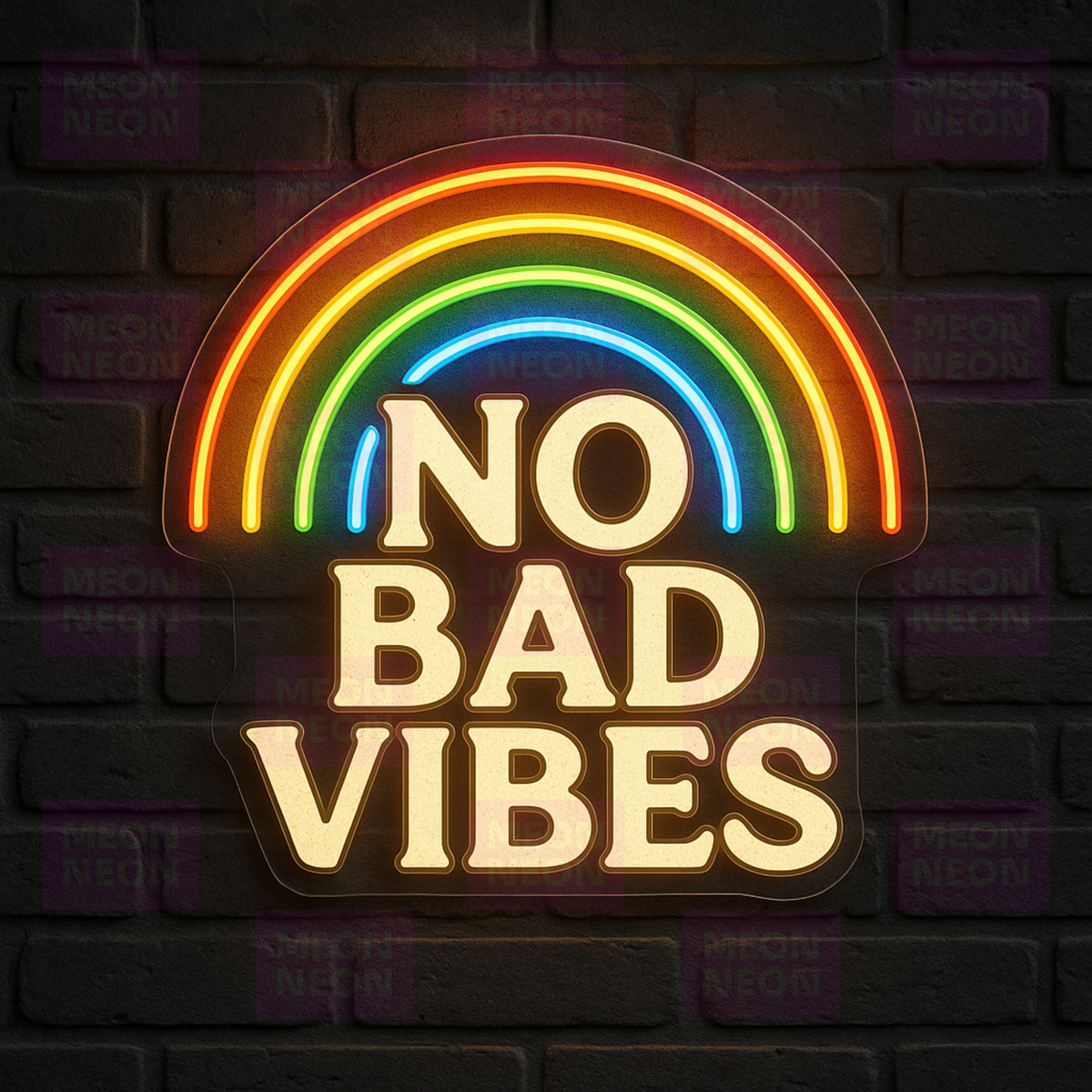 No Bad Vibes LED Neon Sign - Rainbow Positivity - Retro Hippie Style - Warm White Text