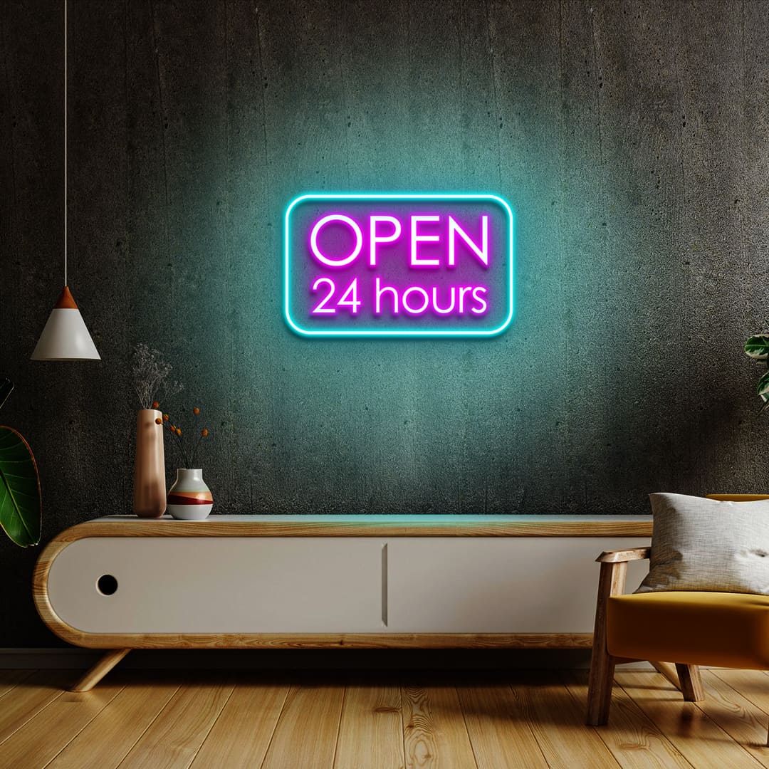Open 24 Hours Rectanle LED Neon Sign - Multicolor