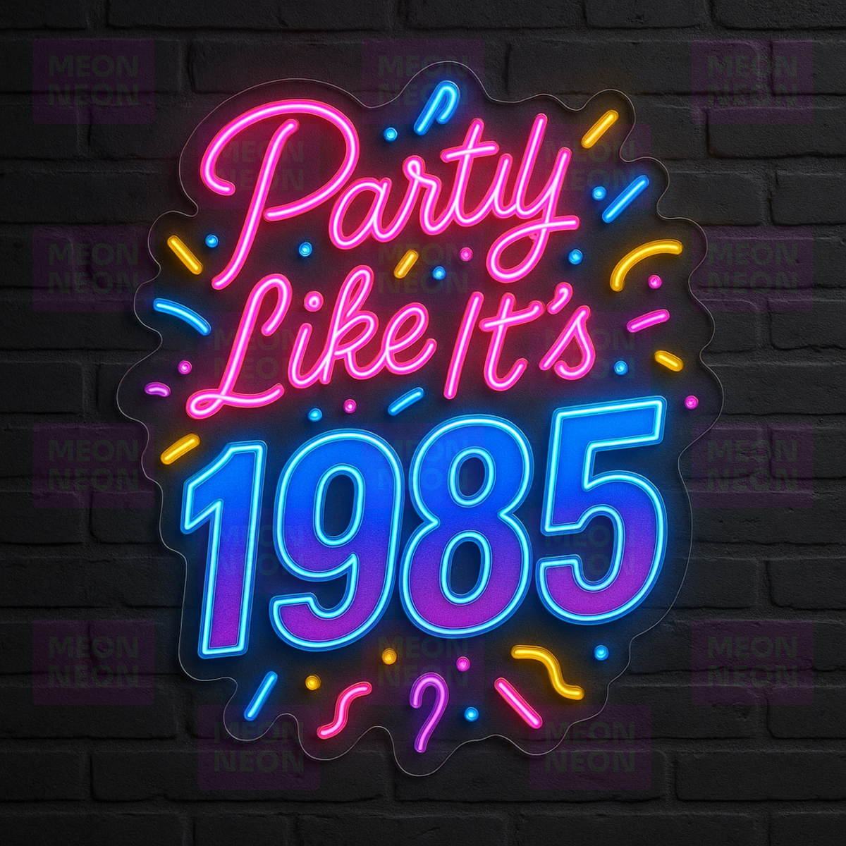 Party Like It's 1985 LED Neon Sign - Confetti Celebration - Multi-Color Rainbow Design
