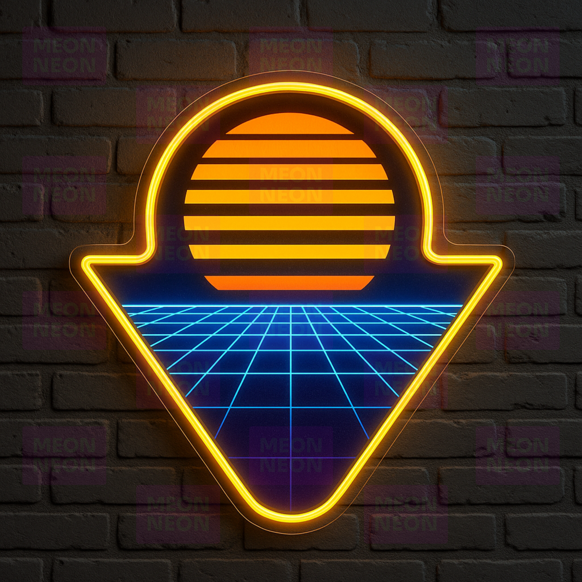 Retro Synthwave Shield LED Neon Sign - 80s Cyber Aesthetic - Grid Pattern - Gold & Cyan