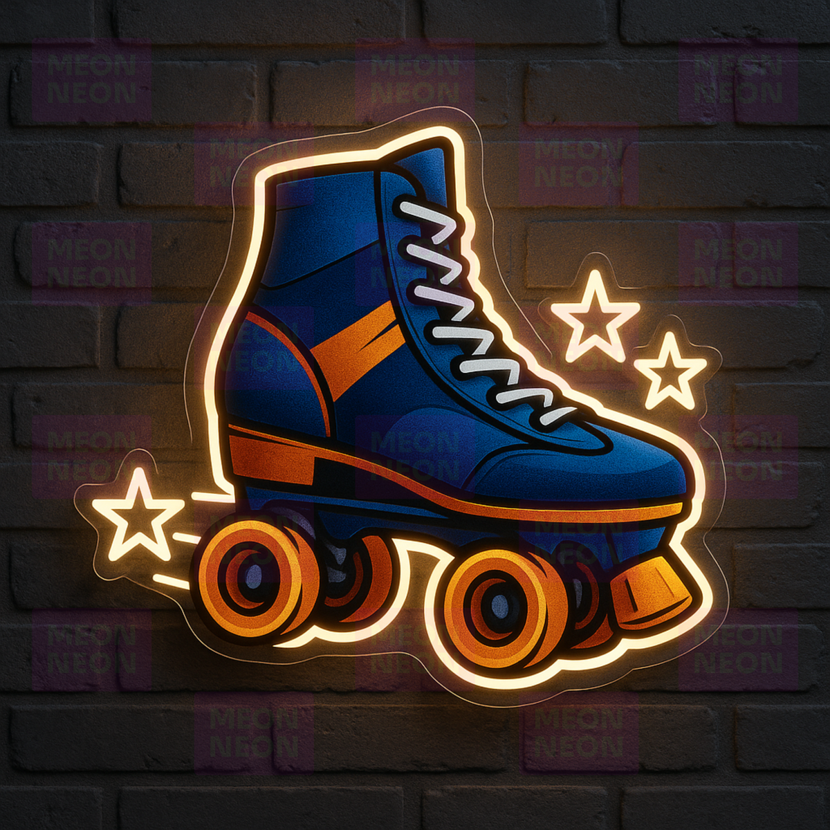 Roller Skate LED Neon Sign - Retro Recreation - Blue Orange & White - Disco Era Stars