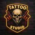 Shield Tattoo Studio LED Neon Sign - Skull & Machines - Professional Badge - Golden Yellow Light