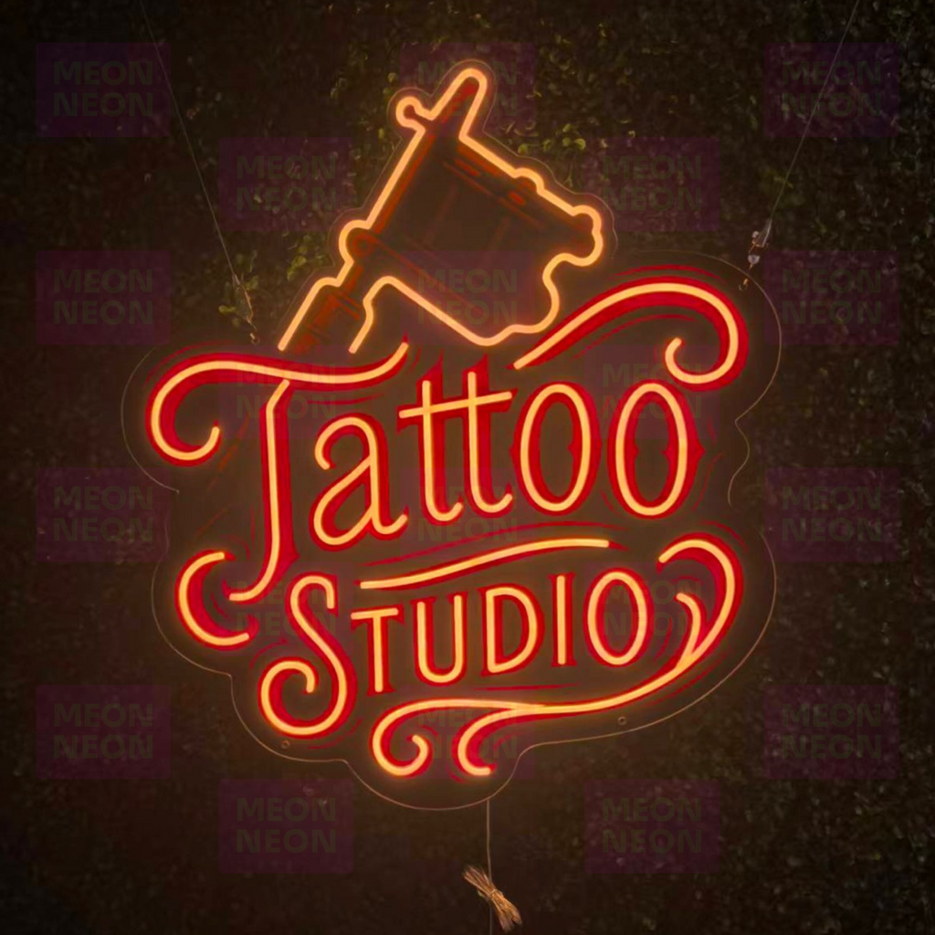 Tattoo Studio Machine LED Neon Sign - Professional Equipment - Script Lettering - Red & Orange Light