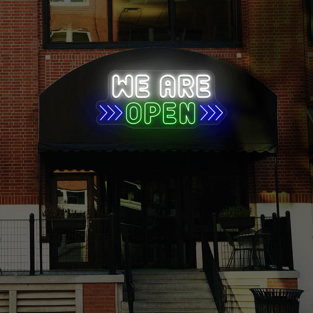 We Are Open Multicolor LED Neon Sign with Horizontal Arrow