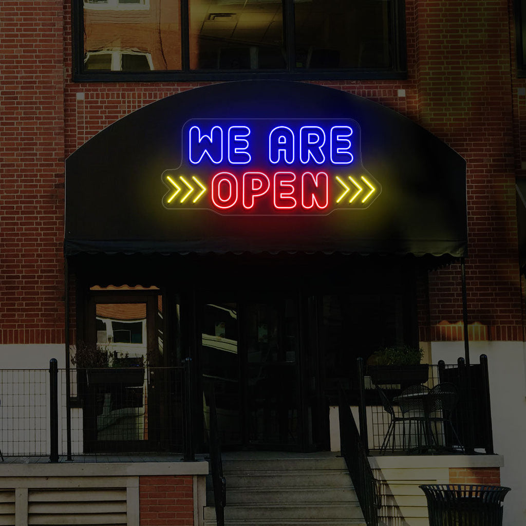 We Are Open Multicolor LED Neon Sign with Horizontal Arrow