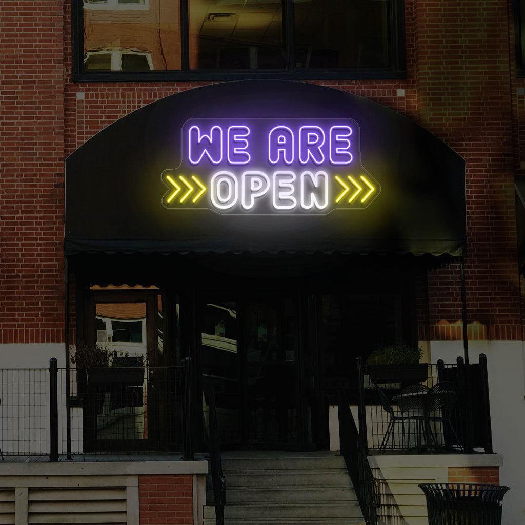 We Are Open Multicolor LED Neon Sign with Horizontal Arrow
