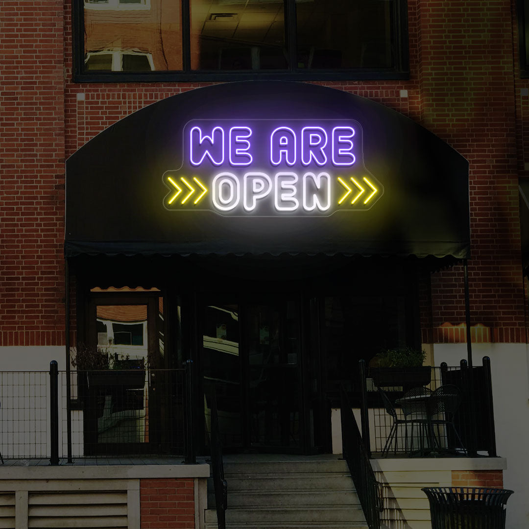 We Are Open Multicolor LED Neon Sign with Horizontal Arrow