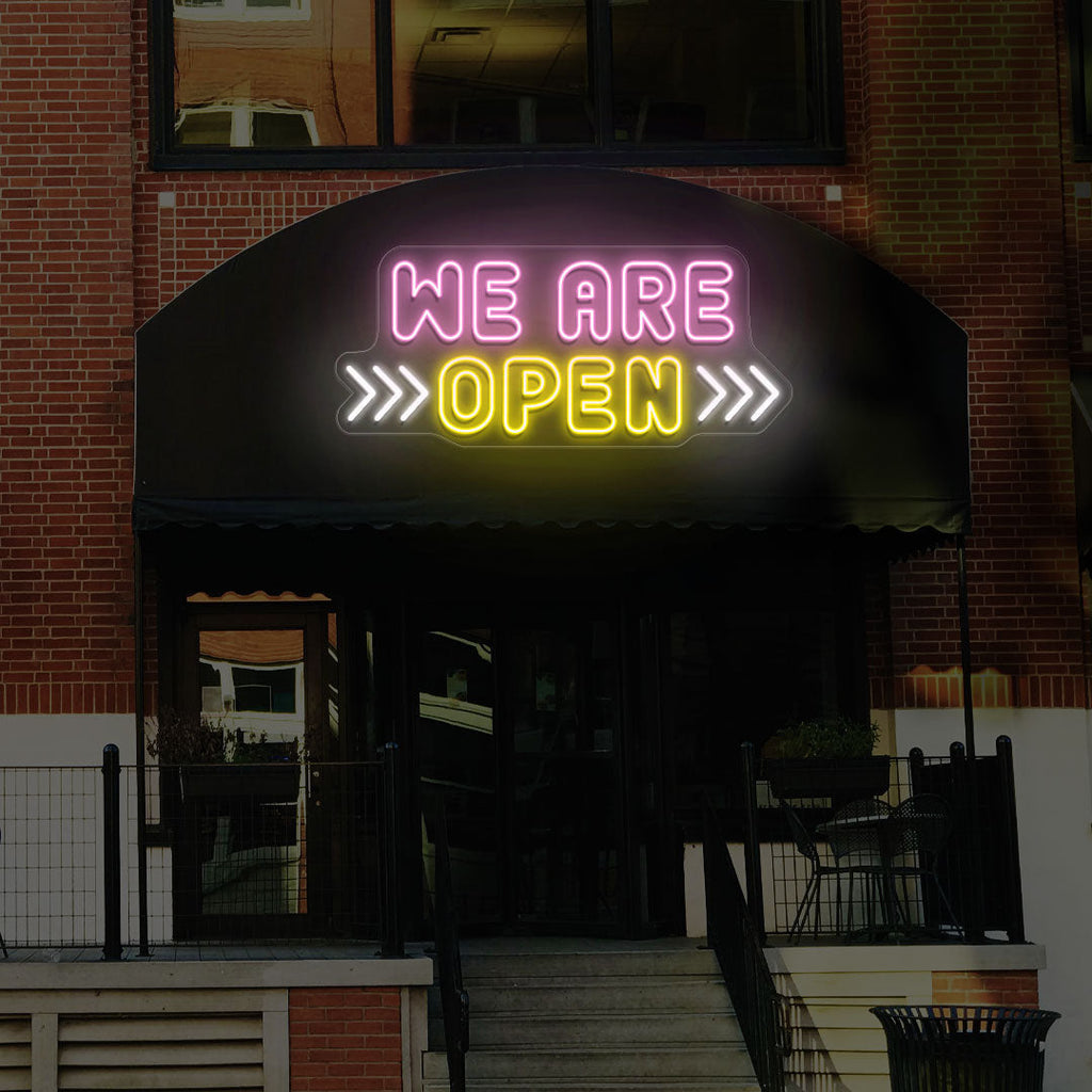 We Are Open Multicolor LED Neon Sign with Horizontal Arrow